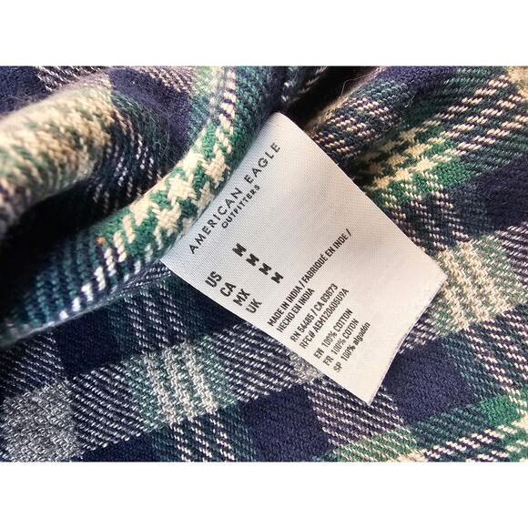 American Eagle size M medium mens green blue plaid flannel warm button up EUC - Picture 4 of 7